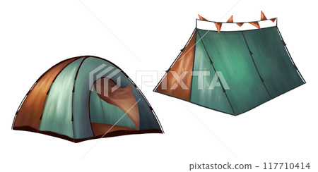 A set of tourist tents in blue-orange color. Equipment for outdoor activities, travel and hiking. A place for camping, picnic in nature and companionable vacations. Isolated digital illustration 117710414