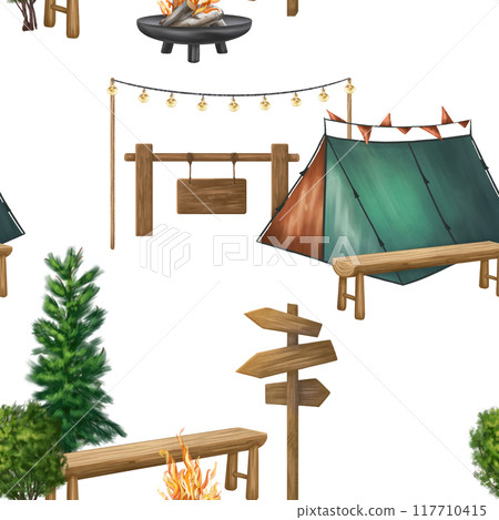 Seamless pattern with tourist tents in blue-orange color. Equipment for outdoor activities, travel, hiking. For camping, picnic in nature and companionable vacations. Isolated digital illustration Seamless pattern with tourist tents in blue-orange color. Equipment for outdoor activities, travel, hiking. For camping, picnic in nature and companionable vacations. Isolated digital illustration 117710415