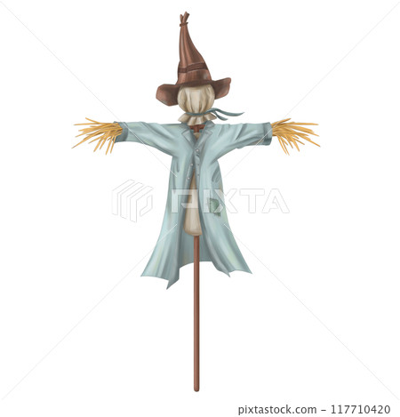 A scarecrow in a blue raincoat and hat. Halloween decoration of the yard and garden. Autumn festivals, rustic-style celebrations. Farm work, harvesting in the fields. Isolated digital illustrations 117710420