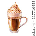 Cappuccino  with cream foam in a glass cup,  isolated on white.  Watercolor illustration. 117710453