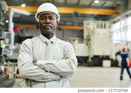 Portrait of African American Engineer Standing in Factory Portrait of African American Engineer Standing in Factory 117710700