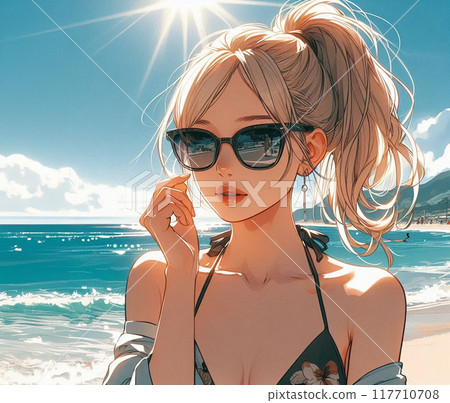 Summer beach and woman in swimsuit 117710708