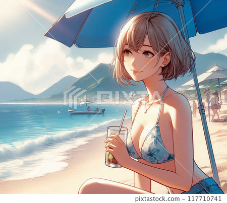 Summer beach and woman in swimsuit Summer beach and woman in swimsuit 117710741