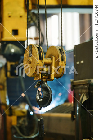 Heavy-Duty Industrial Hook Hanging in Workshop Setting 117710844