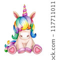 Cute sitting unicorn cartoon, isolated on white. 117711011