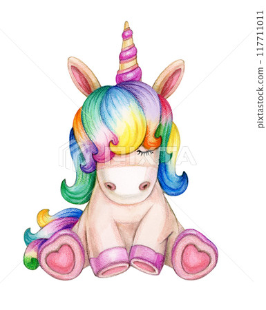 Cute sitting unicorn cartoon, isolated on white. 117711011