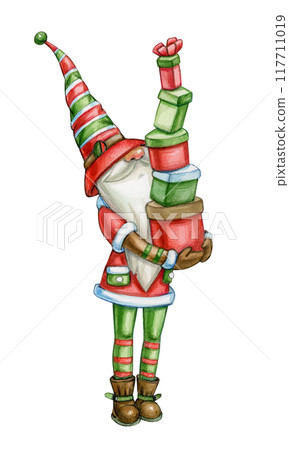 Funny  Christmas gnome holding gifts, isolated on white.  117711019