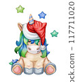 Cute unicorn in Christmas hat,  solated on white. 117711020