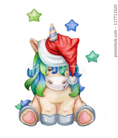 Cute unicorn in Christmas hat, solated on white. Cute unicorn in Christmas hat, solated on white. 117711020