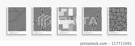 Collection of striped abstract artwork geometric covers, templates, placards, brochures, banners, backgrounds and etc. Creative textured modern posters. Black and white graphic trendy minimal prints 117711091