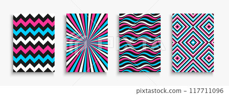 Collection of bright color posters with abstract geometric striped print. Trendy modern templates, placards, brochures, banners, flyers, backgrounds. Artistic covers, fashion retro style 80s - 90s Collection of bright color posters with abstract geometric striped print. Trendy modern templates, placards, brochures, banners, flyers, backgrounds. Artistic covers, fashion retro style 80s - 90s 117711096
