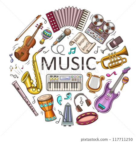 Hand drawn doodle music round banner 117711250