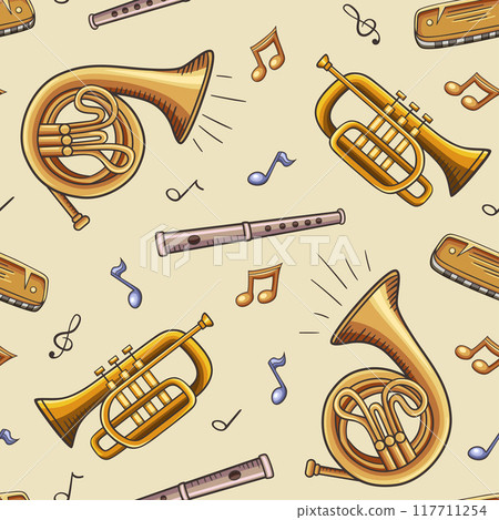 Seamless pattern with wind classic musical instruments 117711254