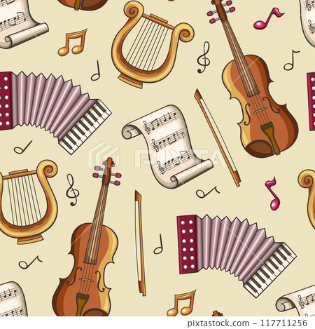 Seamless pattern with classic musical instruments and notes 117711256
