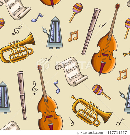 Seamless pattern with classic musical instruments and notes Seamless pattern with classic musical instruments and notes 117711257