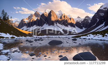 High mountains in winter covered with snow, in front of them is a lake and its reflection. 117711299