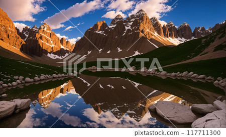 High mountains in winter covered with snow, in front of them is a lake and its reflection. 117711300