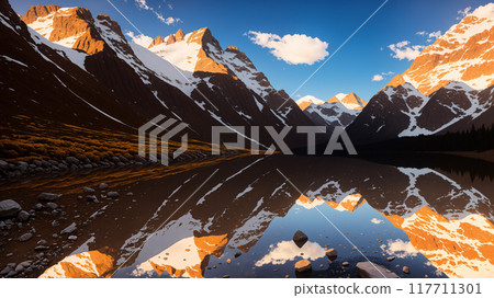 High mountains in winter covered with snow, in front of them is a lake and its reflection. High mountains in winter covered with snow, in front of them is a lake and its reflection. 117711301