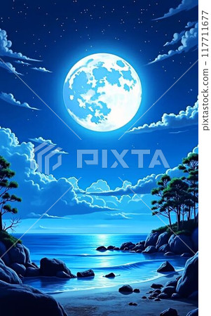 閃亮的滿月和大海風景畫 閃亮的滿月和大海風景畫 117711677