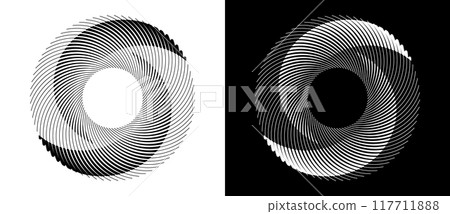 Lines in circle abstract background. Dynamic transition illusion in spiral. Yin and yang style. Black shape on a white background and the same white shape on the black side. 117711888