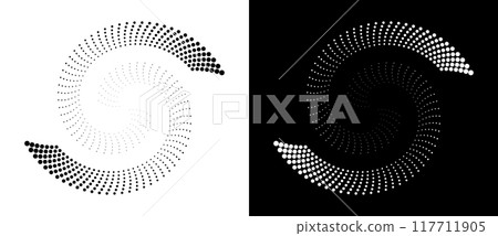 Modern abstract background. Halftone dots in spiral. Round logo. Vector dotted frame. Design element or icon. Black shape on a white background and the same white shape on the black side. 117711905