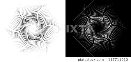 Abstract background with halftone dots spiral. Modern circle dotted pattern. Futuristic hexagon concept. Black shape on a white background and the same white shape on the black side. Abstract background with halftone dots spiral. Modern circle dotted pattern. Futuristic hexagon concept. Black shape on a white background and the same white shape on the black side. 117711910