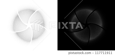 Abstract background with halftone dots spiral. Modern circle dotted pattern. Futuristic 5 corners star concept. Black shape on a white background and the same white shape on the black side. Abstract background with halftone dots spiral. Modern circle dotted pattern. Futuristic 5 corners star concept. Black shape on a white background and the same white shape on the black side. 117711911