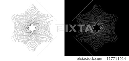 Abstract Star of David with six corners. Art line design star as logo or icon. A black figure on a white background and an equally white figure on the black side. Abstract Star of David with six corners. Art line design star as logo or icon. A black figure on a white background and an equally white figure on the black side. 117711914