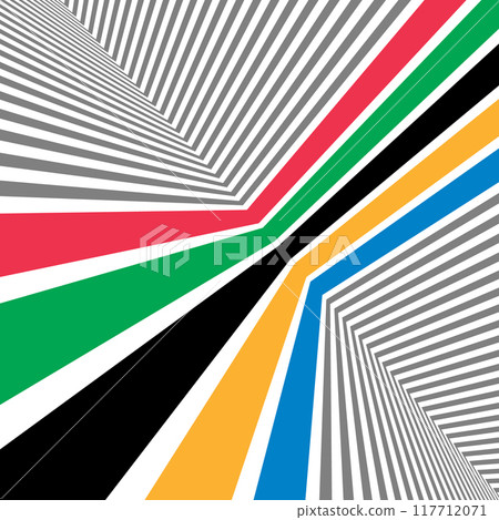 Abstract psychedelic lines colorful background. Red, Green, Black, Yellow and Blue colors lines with perspective. 117712071