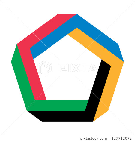 Geometric pentagon shape as modern design element or icon. Red, Green, Black, Yellow and Blue colors parts. 117712072