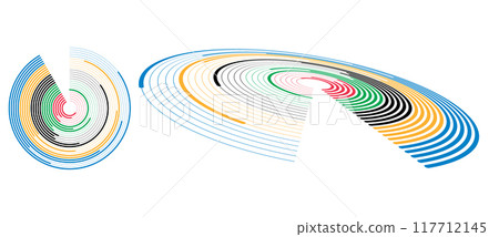 Abstract colorful background in circle. Red, Green, Black, Yellow and Blue colors spiral lines. 117712145