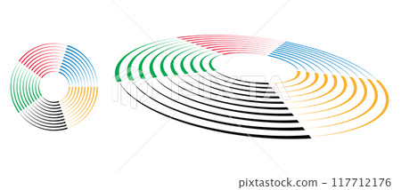 Abstract colorful background in circle. Red, Green, Black, Yellow and Blue colors spiral lines. 117712176