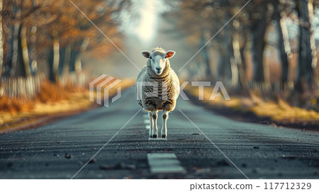 Sheep walking on the road in countryside. 117712329