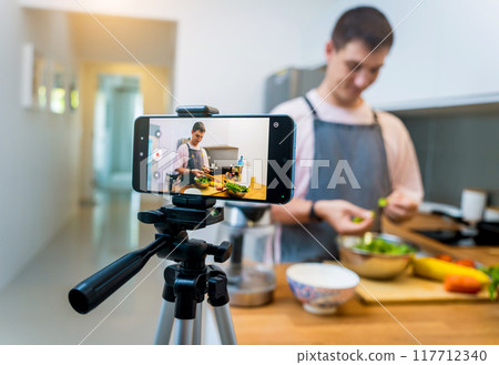 The chef is broadcasting live from workshop how to prepare a spicy glass noodle salad The chef is broadcasting live from workshop how to prepare a spicy glass noodle salad 117712340
