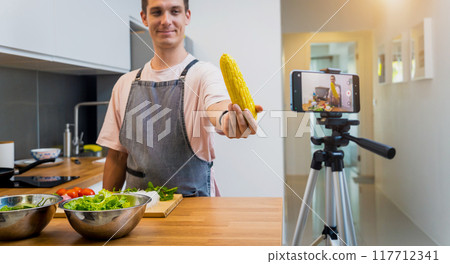 The chef is broadcasting live from workshop how to prepare a spicy glass noodle salad 117712341