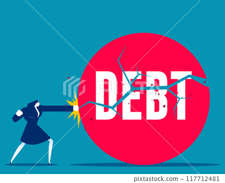 Businesswoman boxing and defeating huge debt iron ball. Business vector concept Businesswoman boxing and defeating huge debt iron ball. Business vector concept 117712481