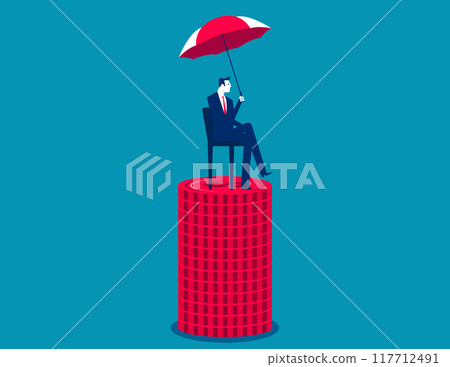 The businessman is sitting on the stack of coins with an umbrella. Business commercial insurance protects vector concept The businessman is sitting on the stack of coins with an umbrella. Business commercial insurance protects vector concept 117712491