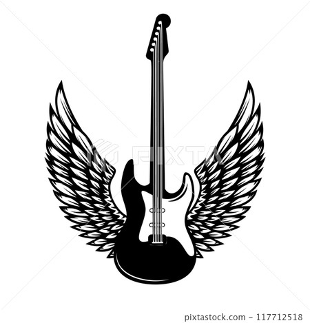 Illustration of winged rock guitar. Design element for logo, label, sign. Vector illustration 117712518