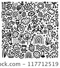 Black and White Doodle Vector Floral Pattern 117712519