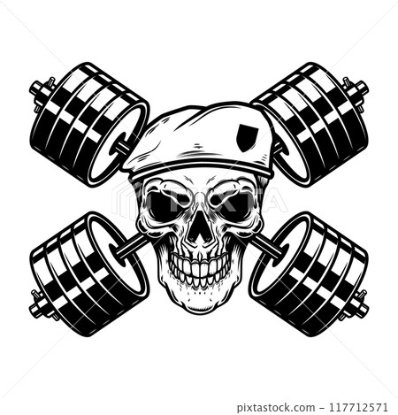 Soldier skull with crossed barbells. Design element for logo, label, sign. Vector illustration Soldier skull with crossed barbells. Design element for logo, label, sign. Vector illustration 117712571