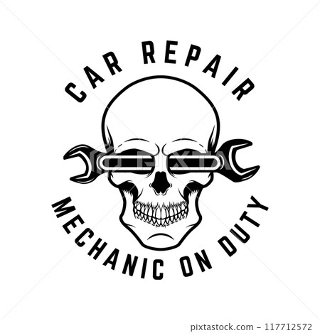 Vintage skull with wrench. Design element for poster, emblem, sign, logo, label. Vector illustration Vintage skull with wrench. Design element for poster, emblem, sign, logo, label. Vector illustration 117712572