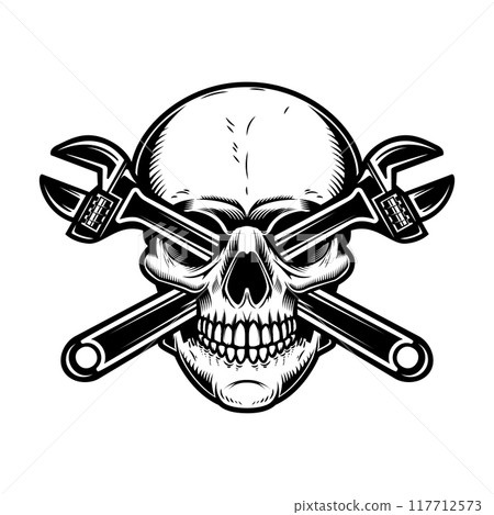 Vintage skull with crossed plumbing wrenches. Design element for poster, emblem, sign, logo, label. Vector illustration 117712573