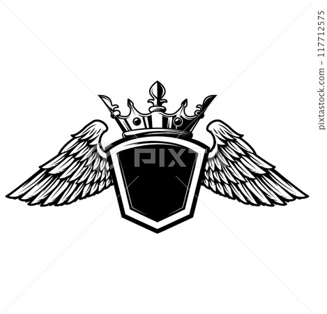 Emblem template with wings and crown. Design element for logo, label, sign, emblem. Vector illustration Emblem template with wings and crown. Design element for logo, label, sign, emblem. Vector illustration 117712575