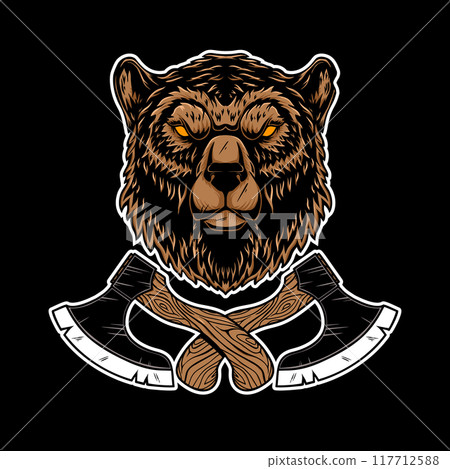 Bear with axes. Design element for poster, emblem, sign, logo, label. Vector illustration 117712588