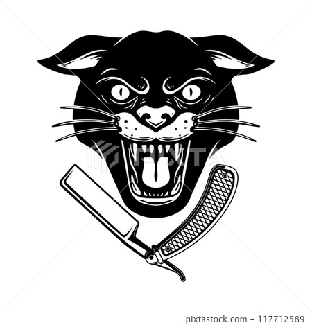 Panther head with barber razor. Design element for logo, label, sign, emblem. Vector illustration 117712589