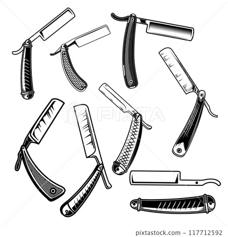 Set of barber razors . Design element for poster, emblem, sign, logo, label. Vector illustration Set of barber razors . Design element for poster, emblem, sign, logo, label. Vector illustration 117712592