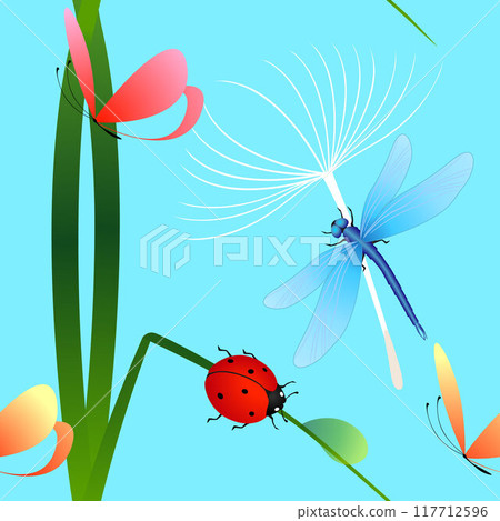 Seamless pattern with ladybug on grass, butterfly and dandelion on blue background. Seamless pattern with ladybug on grass, butterfly and dandelion on blue background. 117712596