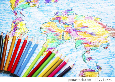 Color drawing world map with colored pencils for children and kids. Color drawing world map with colored pencils for children and kids. 117712660