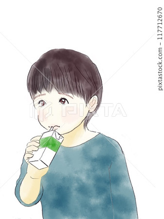 一個男孩喝一包飲料的插圖 一個男孩喝一包飲料的插圖 117712670