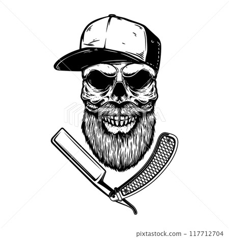 Bearded skull with barber razor. Design element for logo, label, sign, emblem. Vector illustration Bearded skull with barber razor. Design element for logo, label, sign, emblem. Vector illustration 117712704